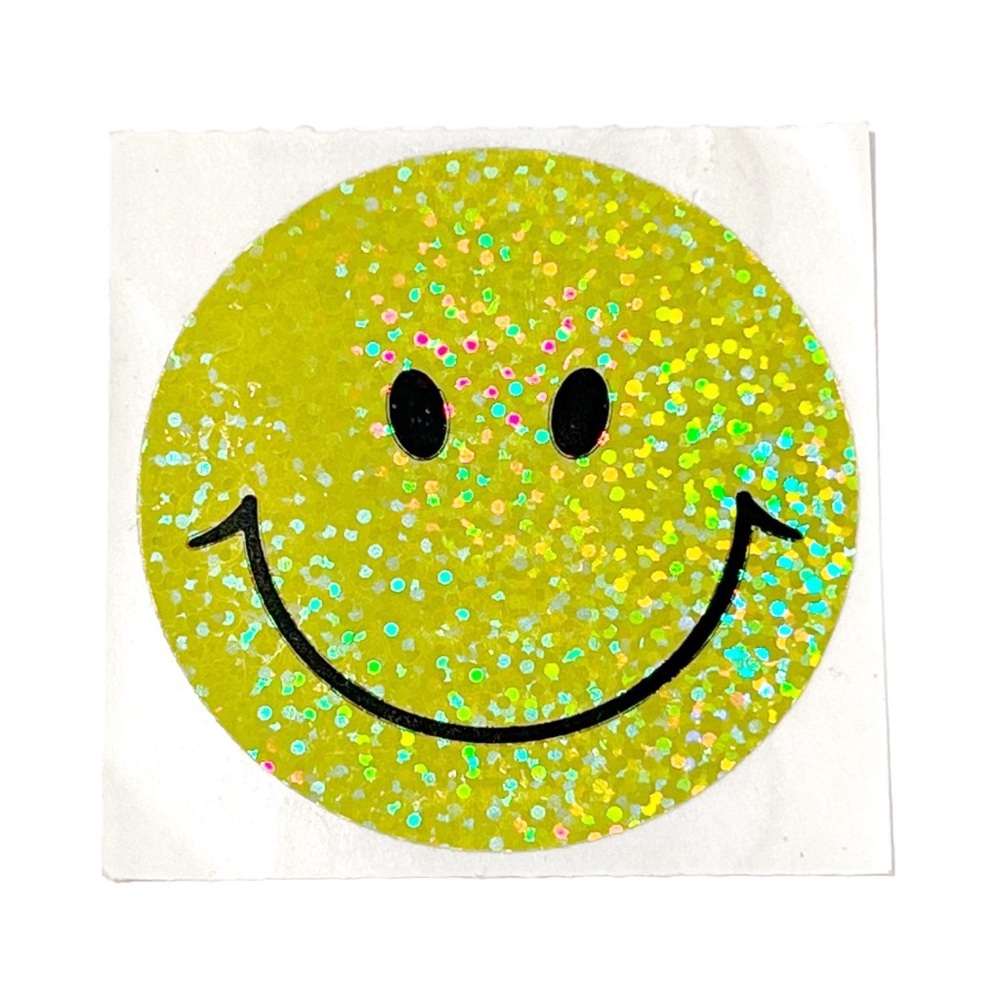 Vintage Sandylion Large Holographic Smiley Happy Face Sticker Yellow Sparkly Y2K
